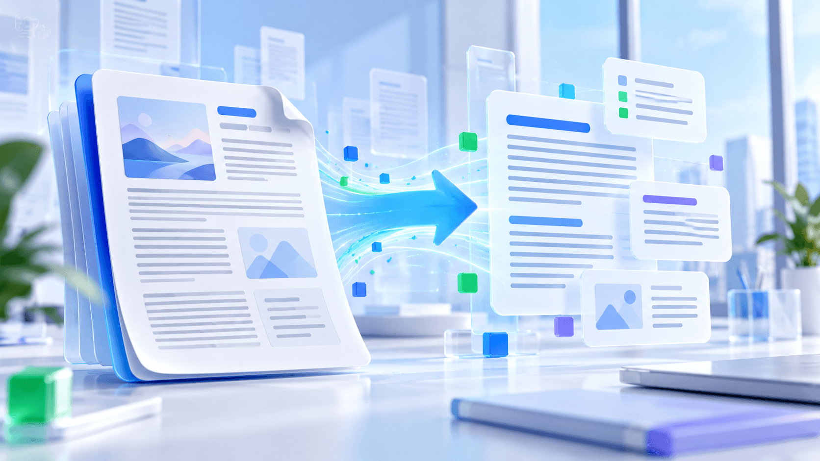 PDF pages transforming into clean structured text blocks