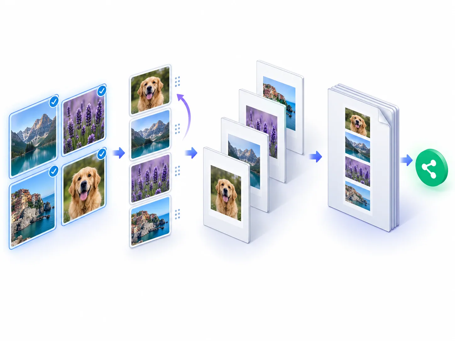 Four HEIC photo thumbnails being reordered, fitted to pages, combined, and shared