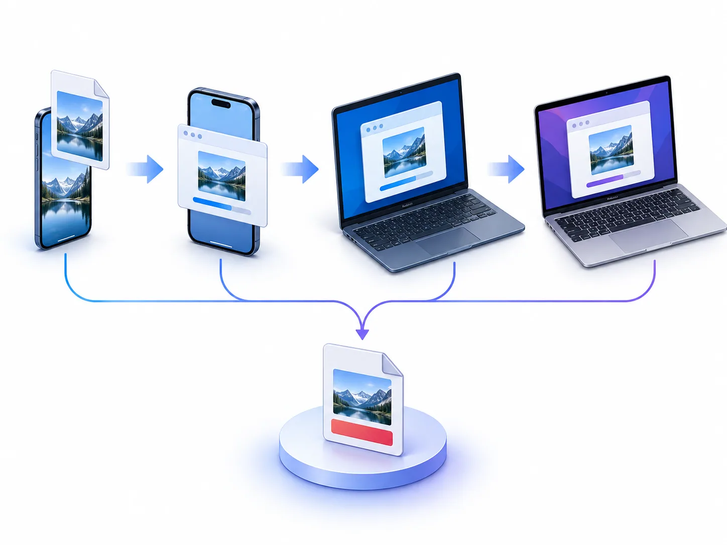 Device workflow from an iPhone HEIC photo through browser decoding to a PDF document