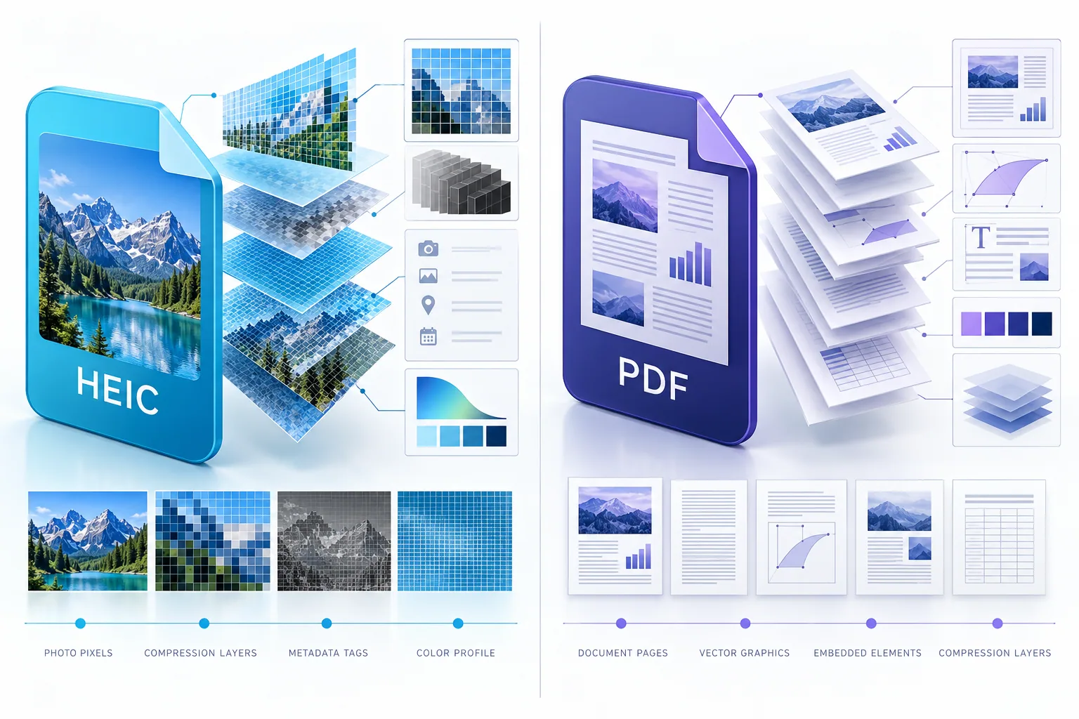 Technical comparison between a layered HEIC photograph and a multipage PDF document