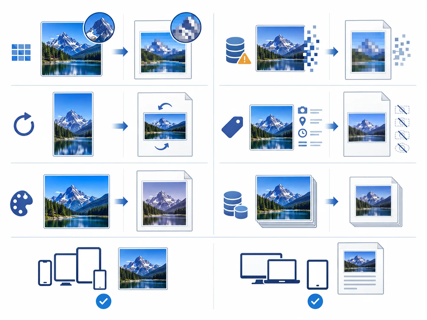 Visual comparison of resolution, orientation, metadata, color, compression, and device compatibility