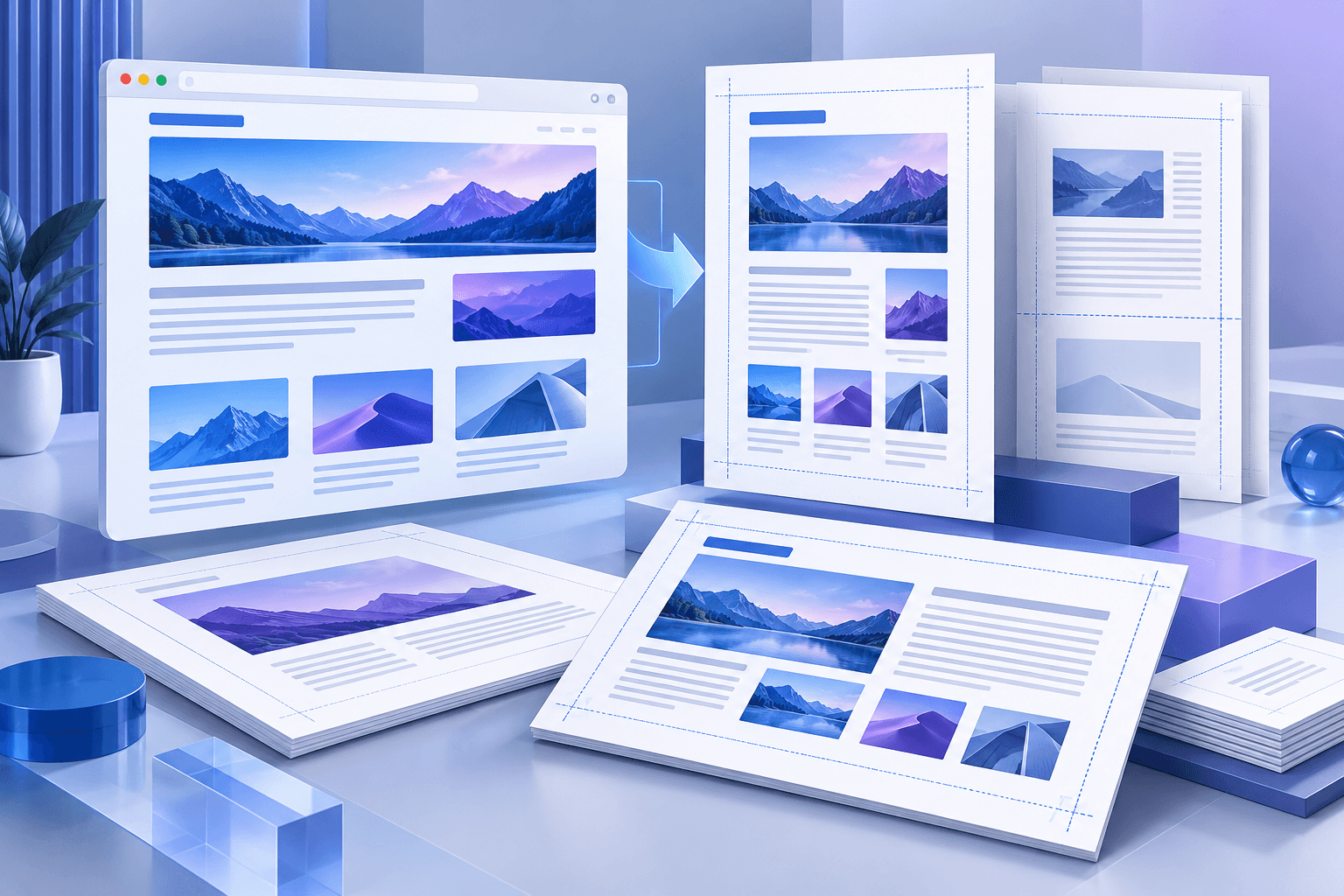 Responsive web content arranged into portrait and landscape PDF pages