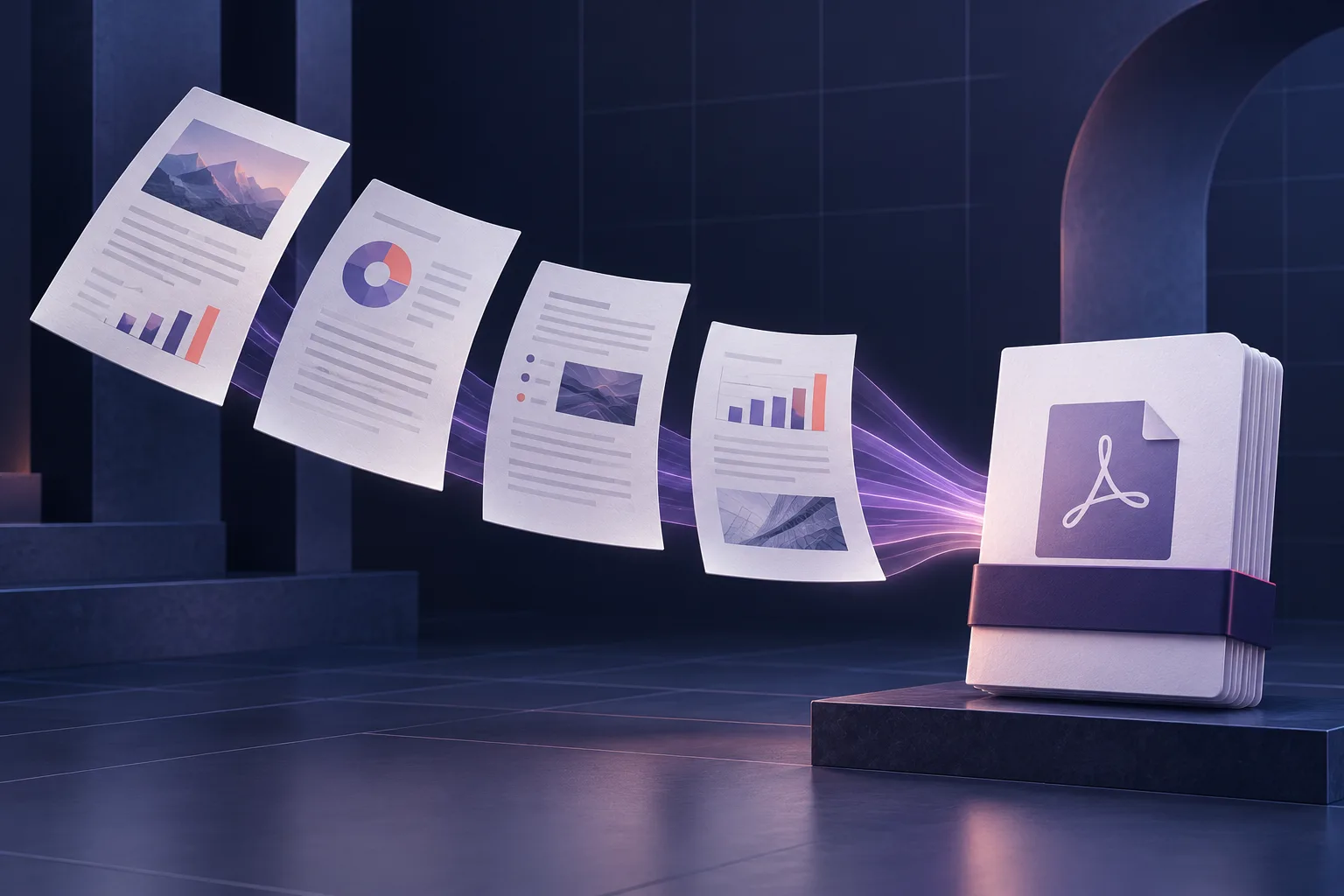 Several document pages converging into one orderly PDF
