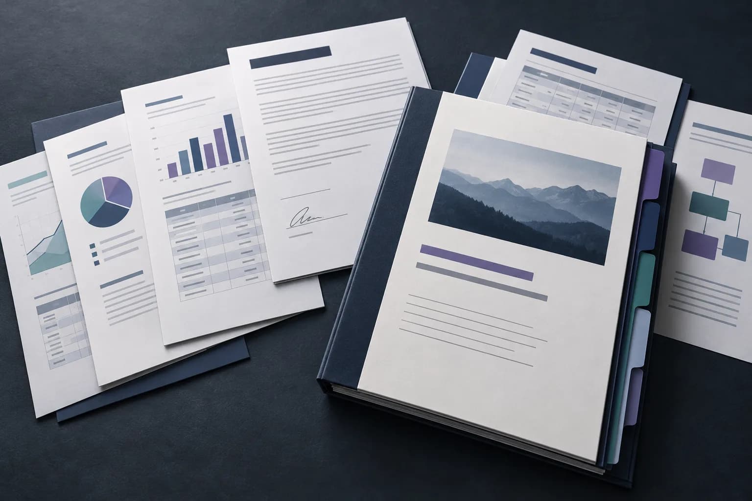 Reports, contract pages, and invoices assembled into a professional document packet