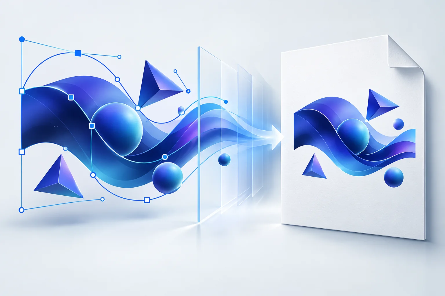 Bezier-path artwork moving through a conversion boundary into a PDF page