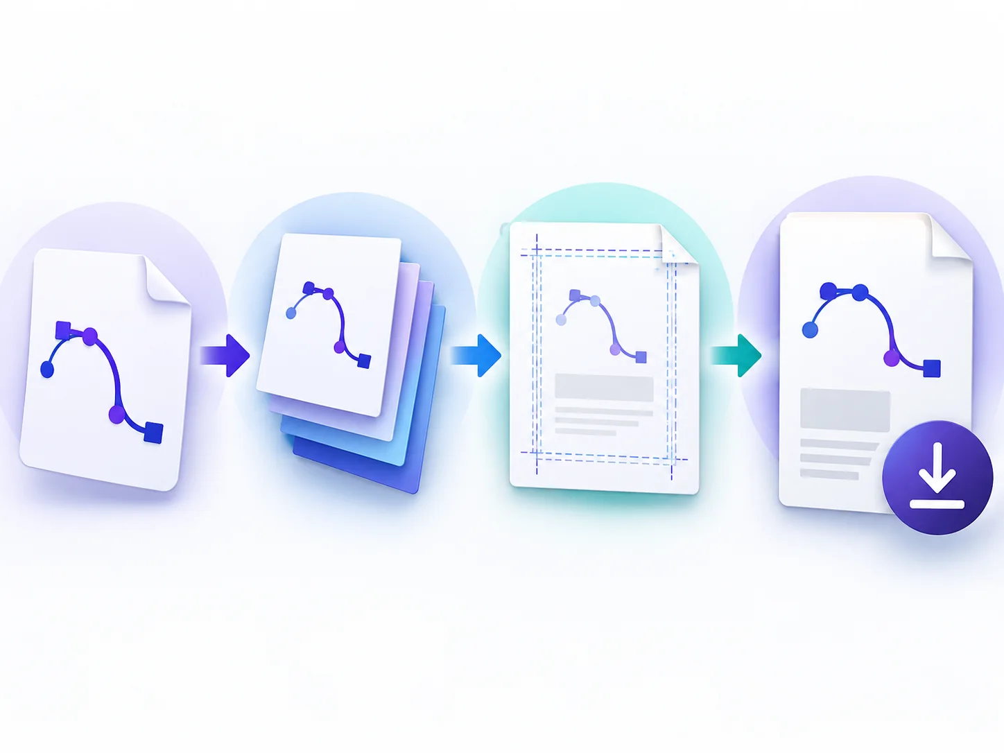 Four visual stages from SVG selection through PDF download