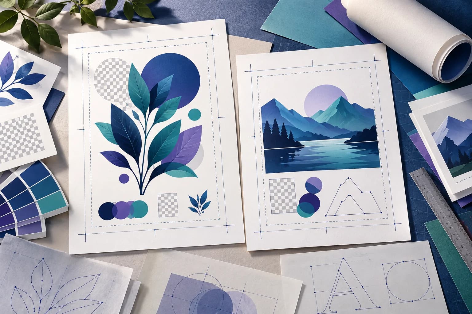 SVG illustrations arranged on paper layouts with margins and transparency cues