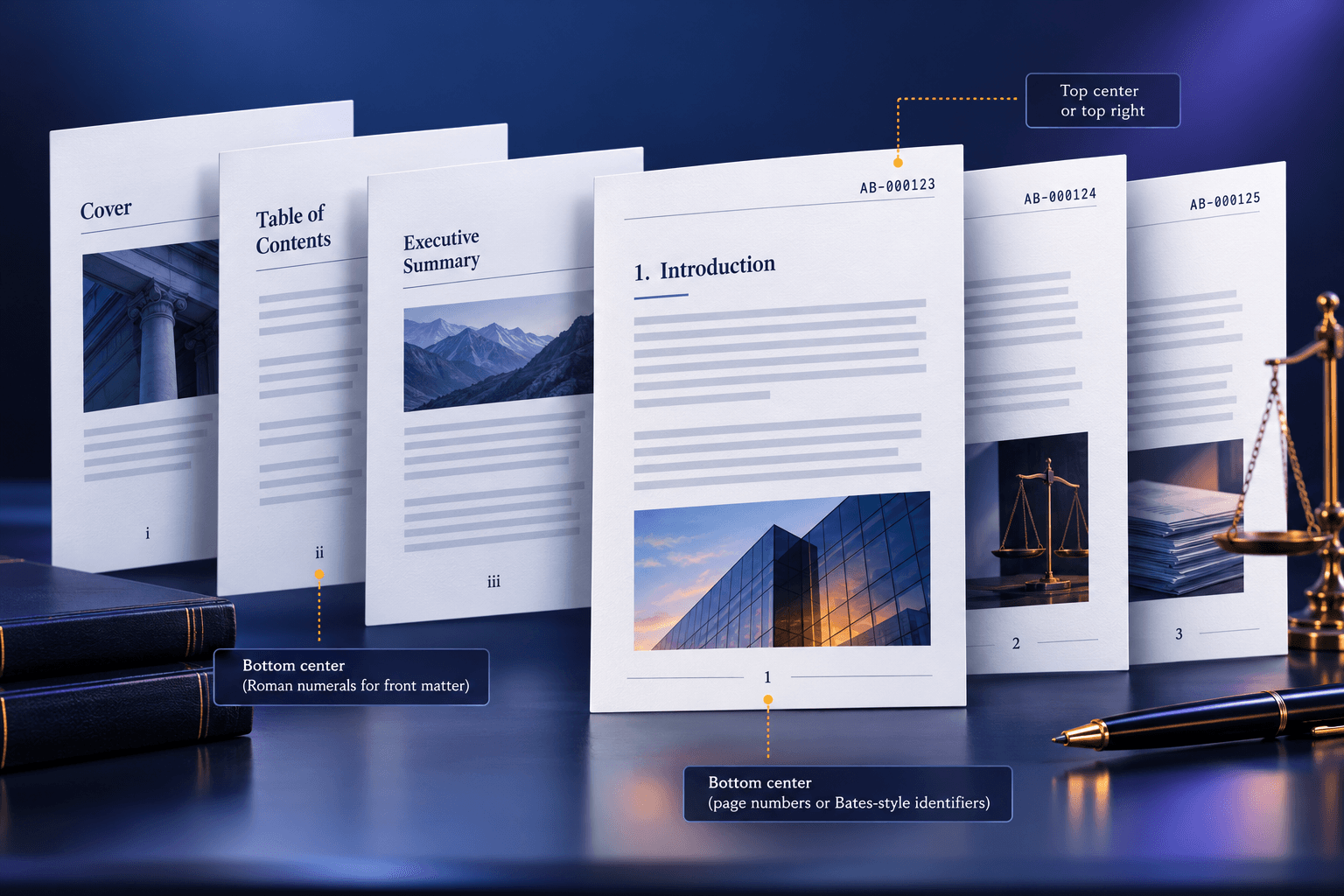 Professional report pages with Roman numerals and Bates identifiers