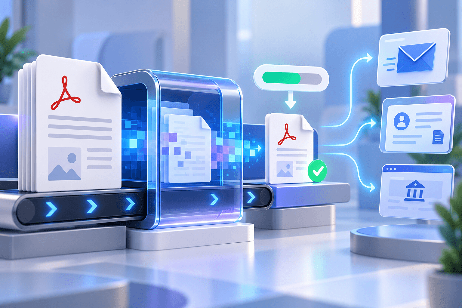 PDF moving through a careful size-reduction workflow toward email and document portals