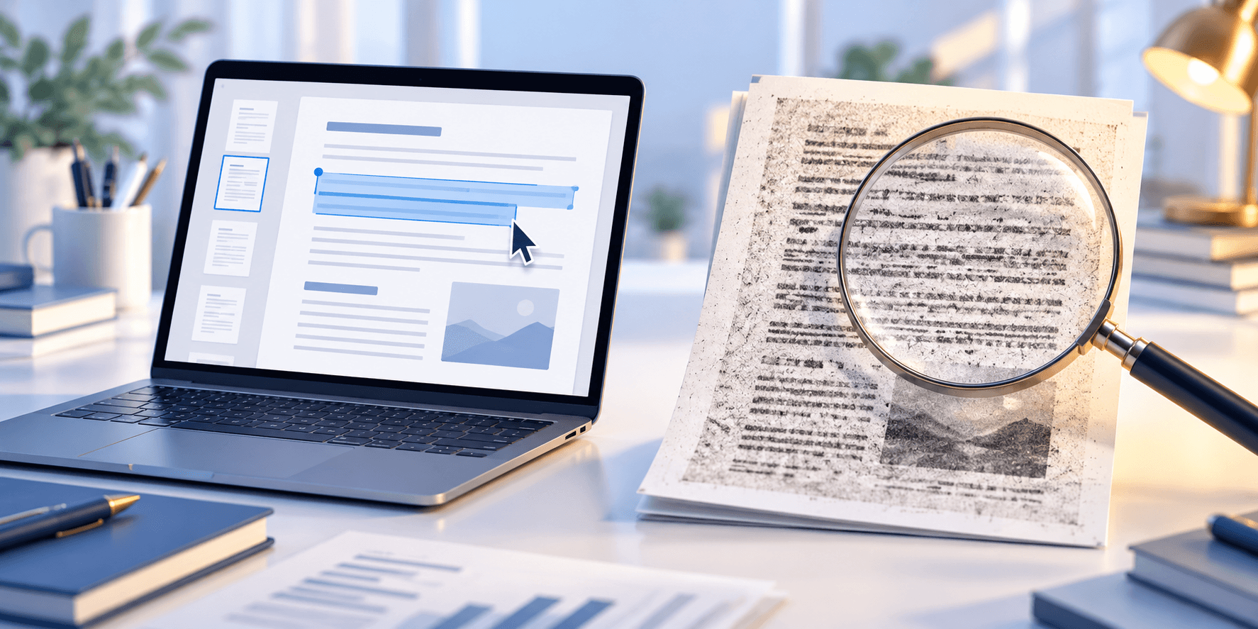 Selectable digital PDF beside a scanned page examined with a magnifying glass