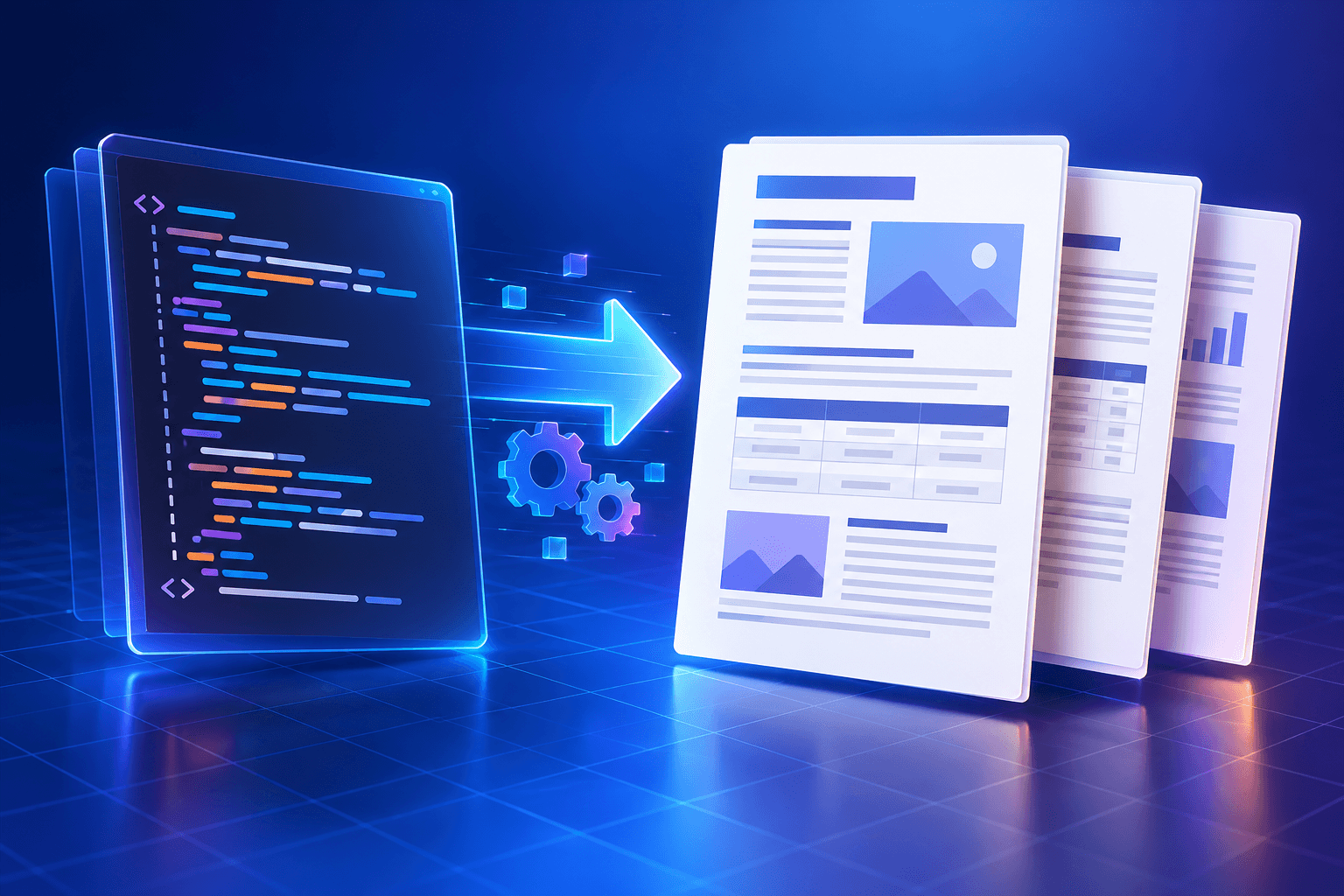 HTML source transforming into structured PDF pages